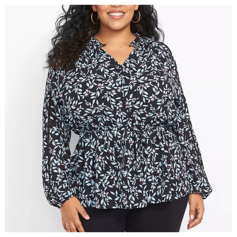 Lane Bryant Long Sleeve Ruffled Split Neck Button Blouse